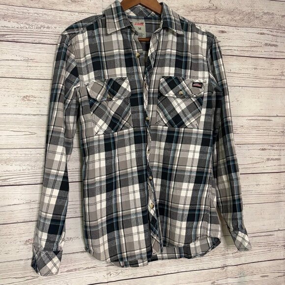 Dickies Flannel Grey‎ Black White Blue Button Down Medium - Picture 2 of 5